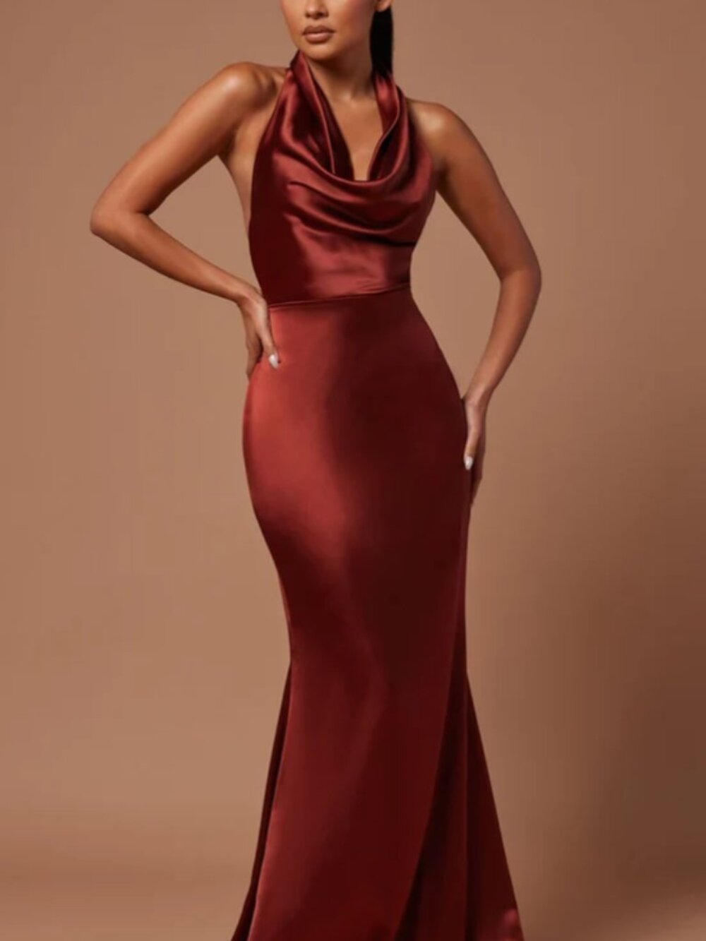 Fashion Nova Leana Satin Draped Maxi Dress Rust Size L